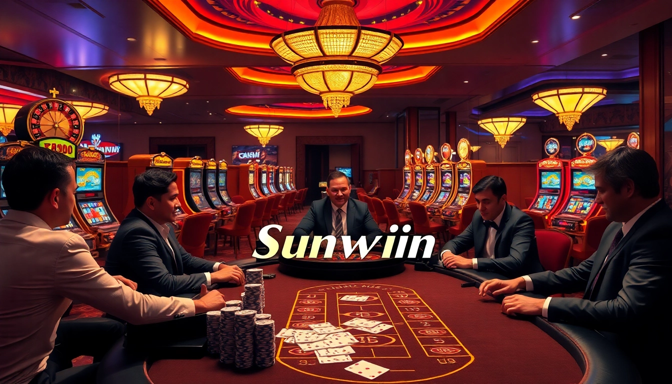 Players engaging in strategic gambling at a Sunwin casino table surrounded by vibrant slot machines.