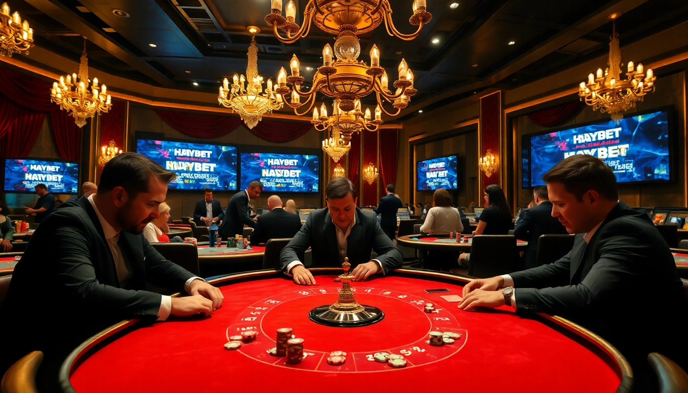 Experience the excitement of HAYBET at a luxury casino poker table with professional players.