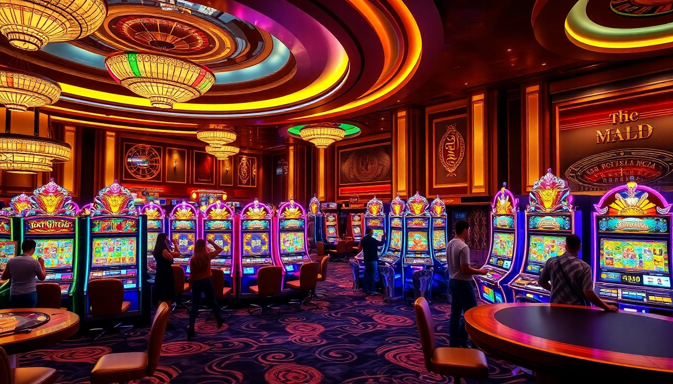 Engaging players at demo slot machines in a luxurious casino setting with vibrant themes.