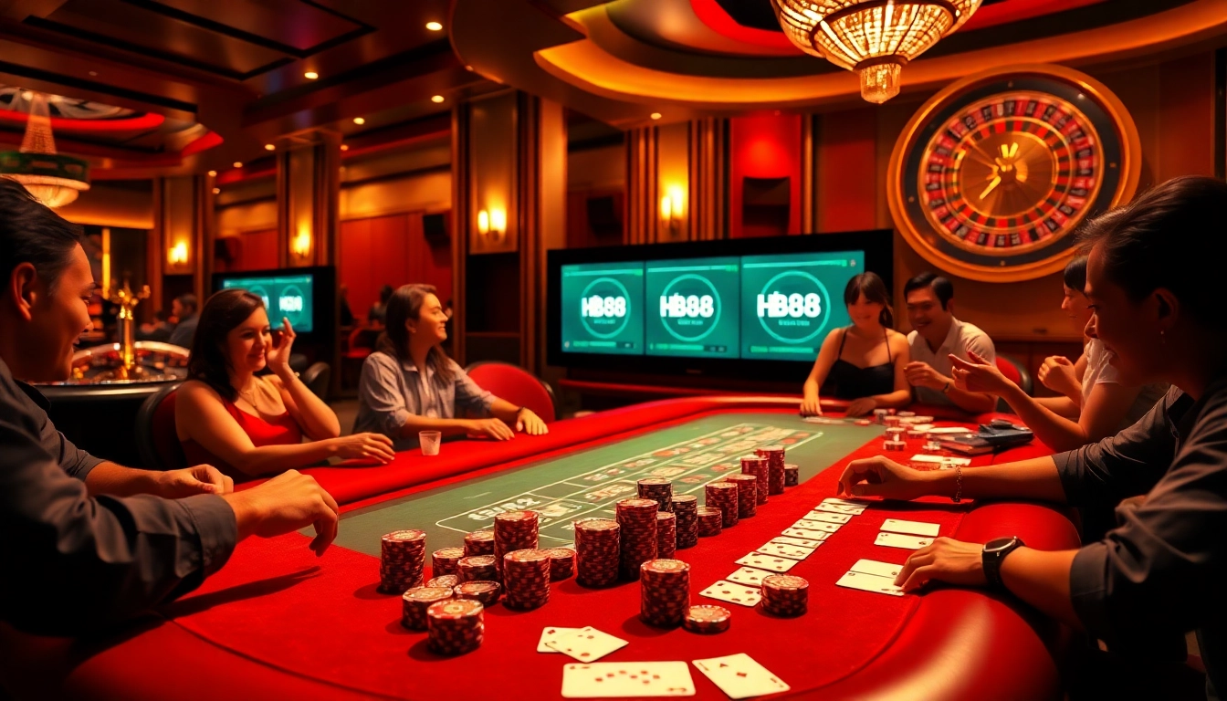Experience thrilling poker action at HB88 casino with vibrant chips, cards, and roulette.
