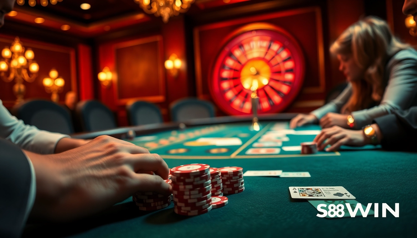 Engaged players at a luxurious poker table showcasing 58WIN betting chips and cards.