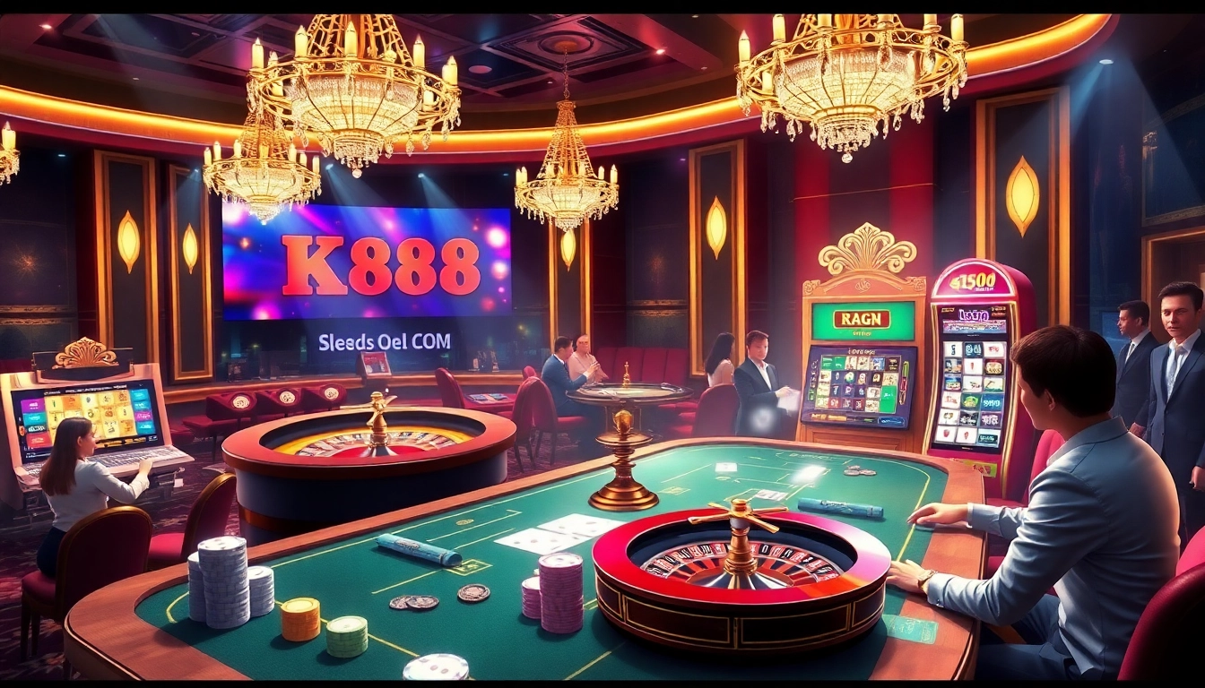 K88 online users placing strategic bets at a luxurious casino table filled with chips and cards.