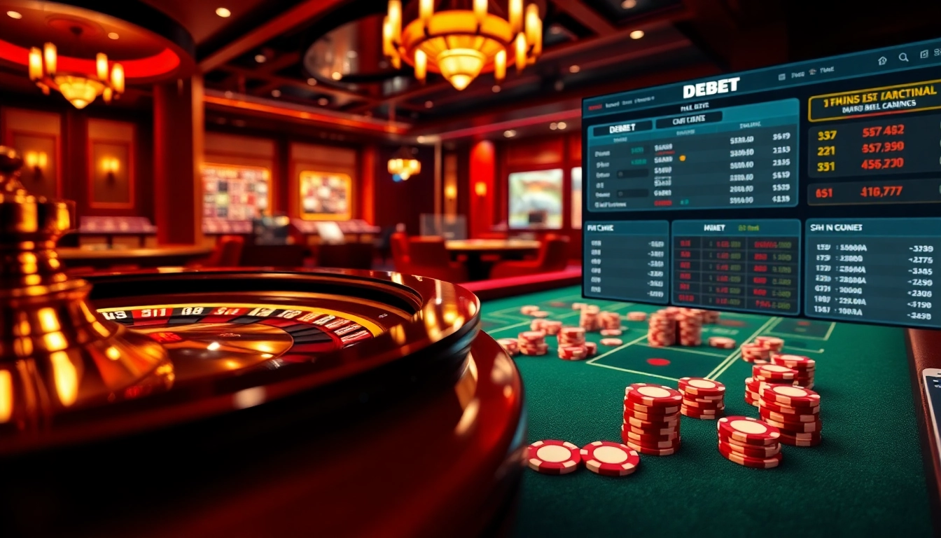 Experience the excitement at Nhà Cái DEBET with vibrant gaming visuals of roulette and poker.