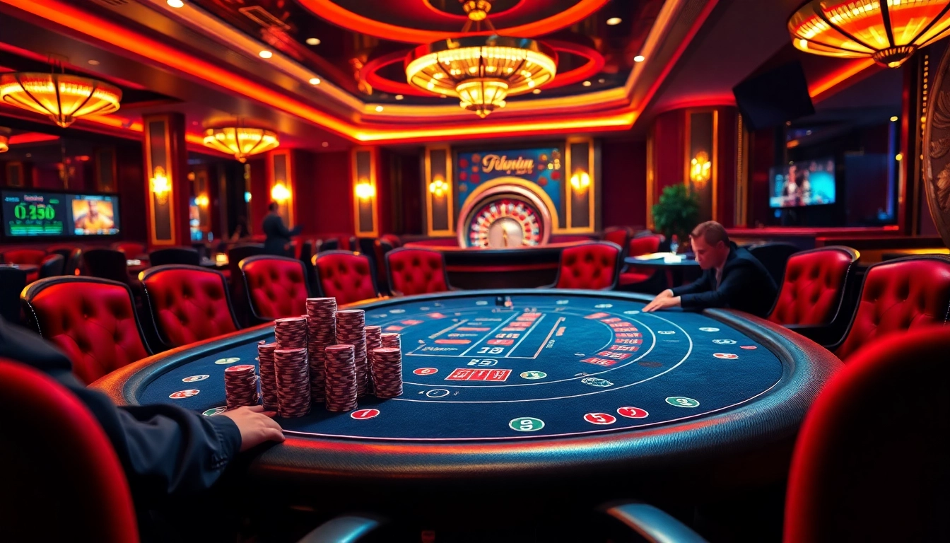 Engaging casino scene with players enjoying poker at trang chủ rikbet, highlighting the excitement of gambling.