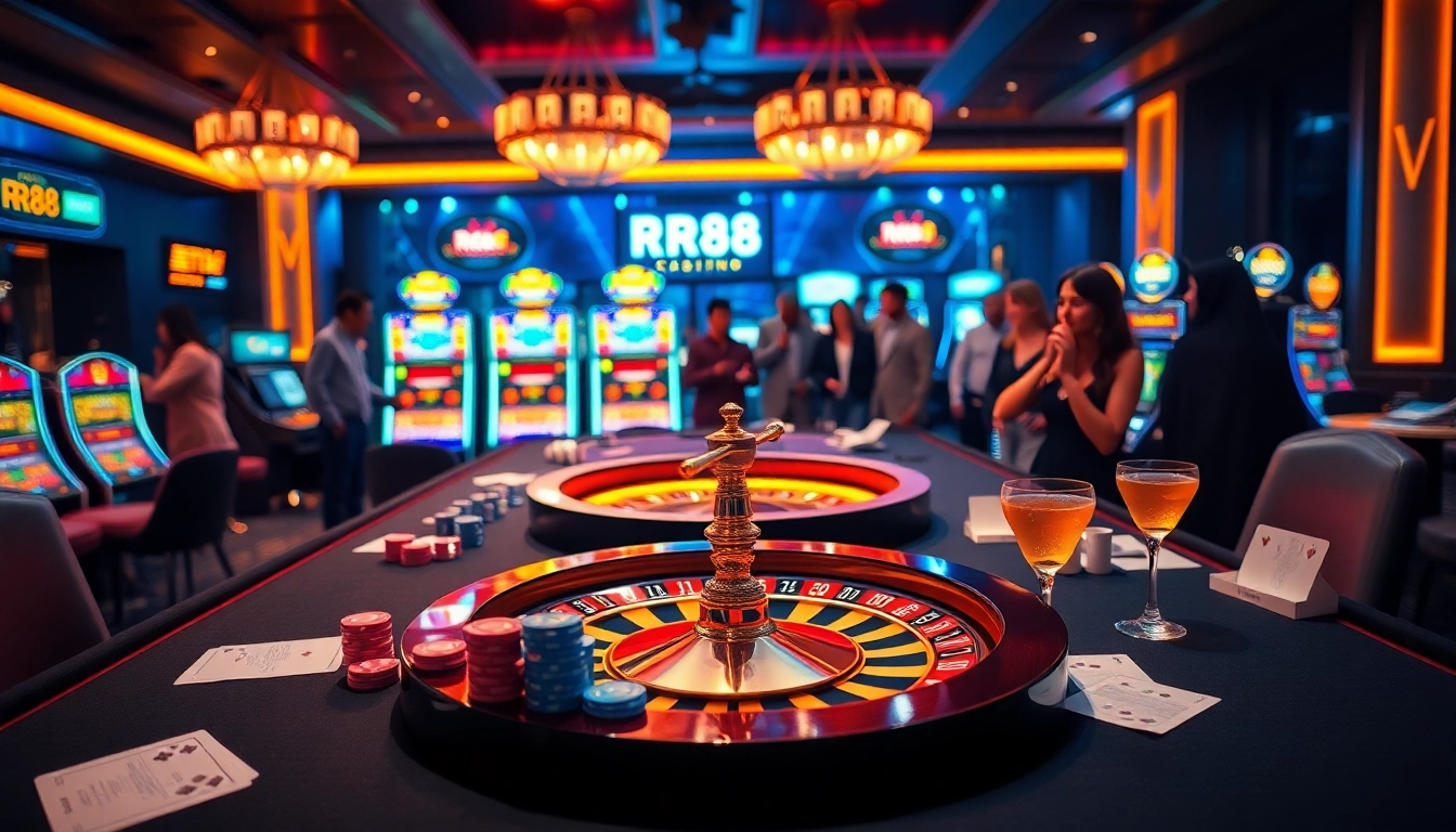 RR88 poker table filled with vibrant chips and cards in an elegant gambling atmosphere.