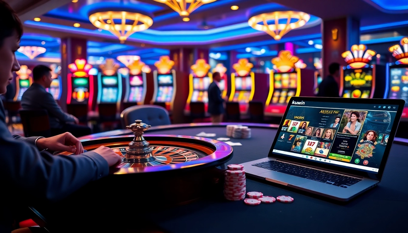 Exciting gaming at a kuwin casino table with poker chips and cards in play.
