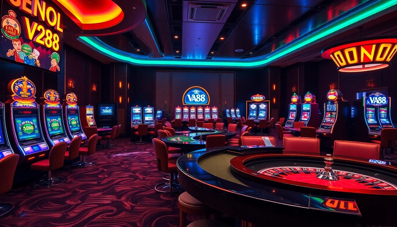 Exciting gaming scene at VA88 showcasing vibrant slot machines and poker tables.