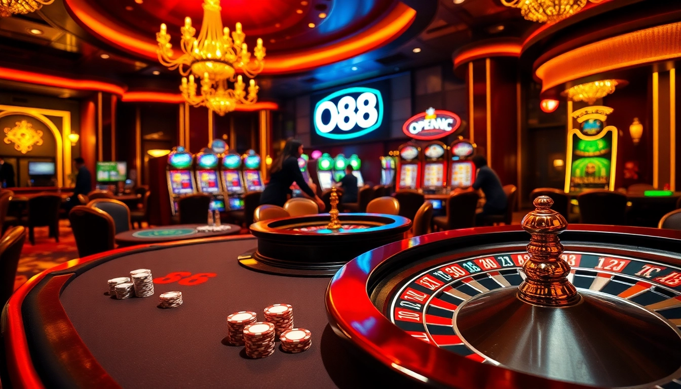 Exciting casino scene featuring OPEN88 poker tables, roulette wheels, and vibrant slot machines.