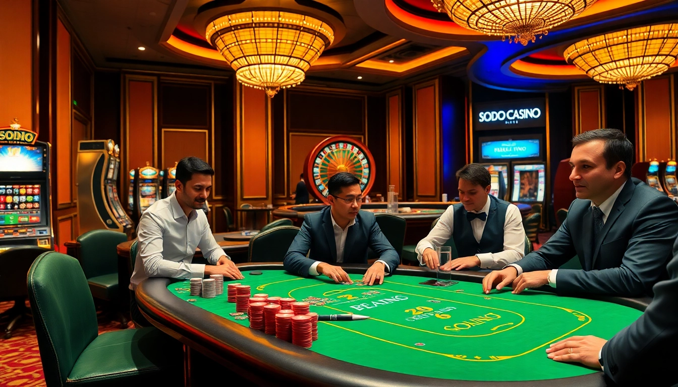 Experience the excitement at SODO CASINO, showcasing vibrant gaming tables and engaged players.