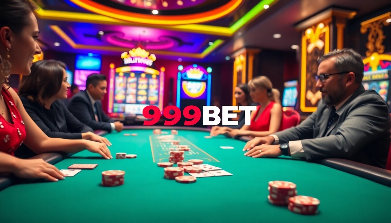 Experience the thrill of poker at 999BET with vibrant casino visuals and excited players.