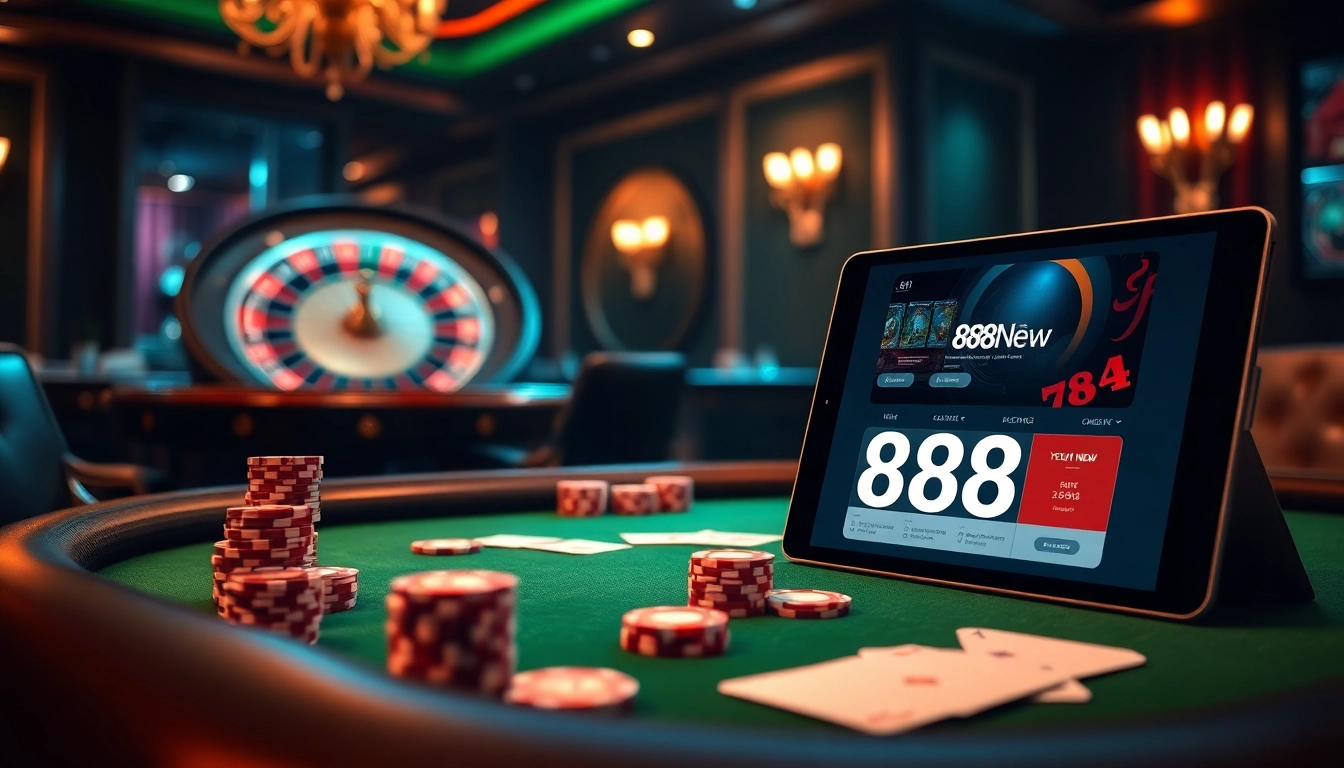 Betting chips and cards on a poker table at 888NEW casino, capturing the thrill of gambling.