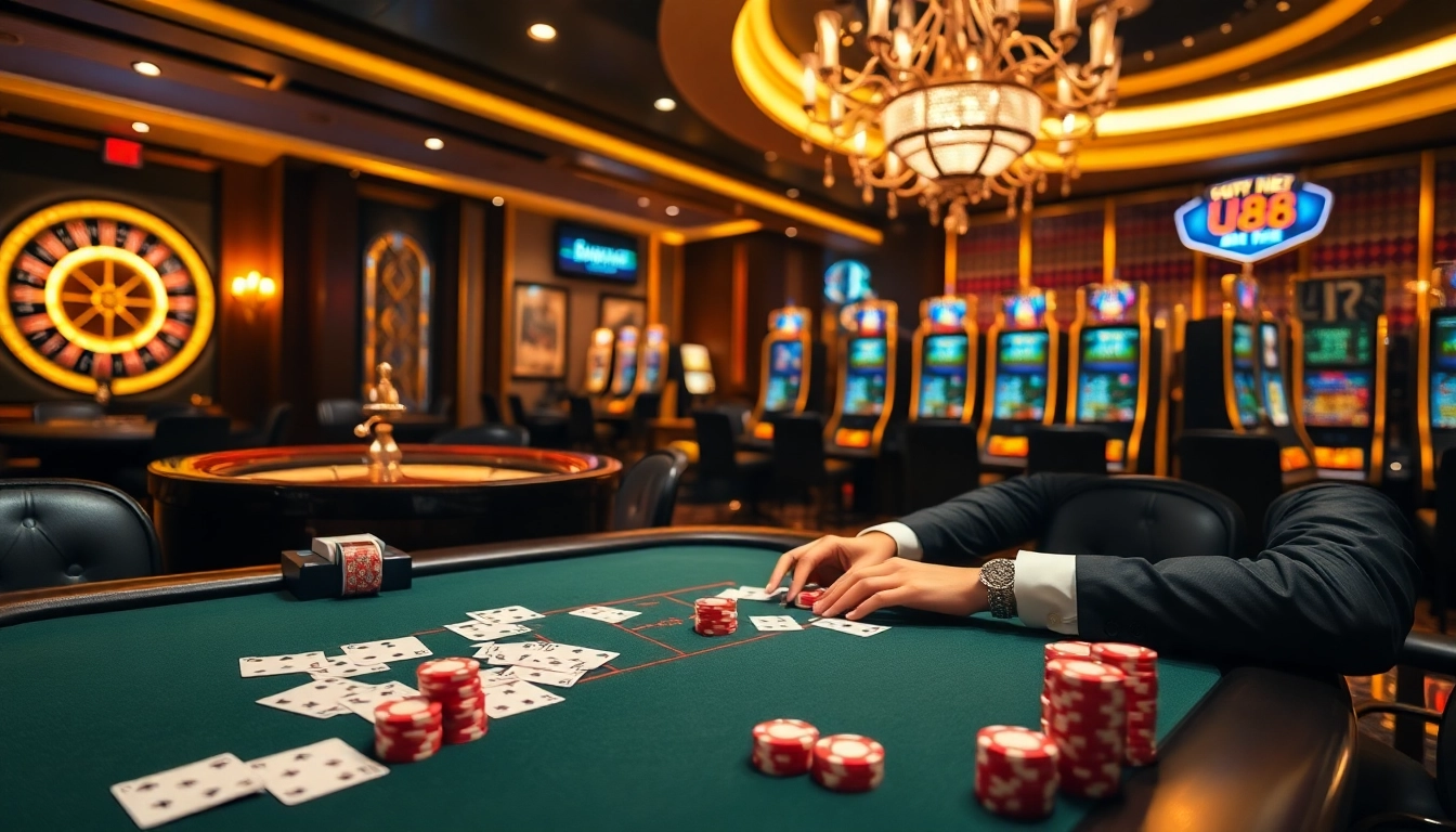 A player enjoying a thrilling game at UU88 casino featuring vibrant poker chips and an elegant poker table.