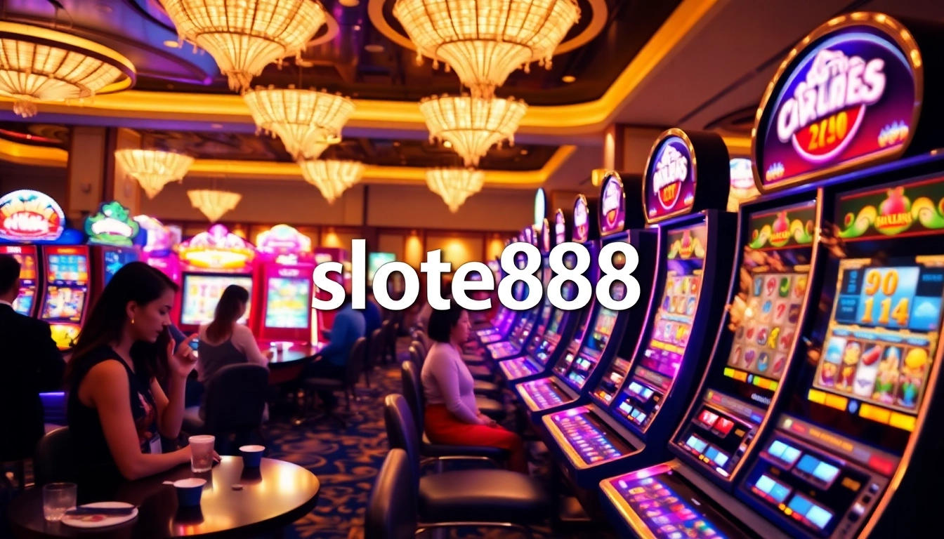 Play various exciting slot888 games in a vibrant casino atmosphere filled with enthusiastic players.