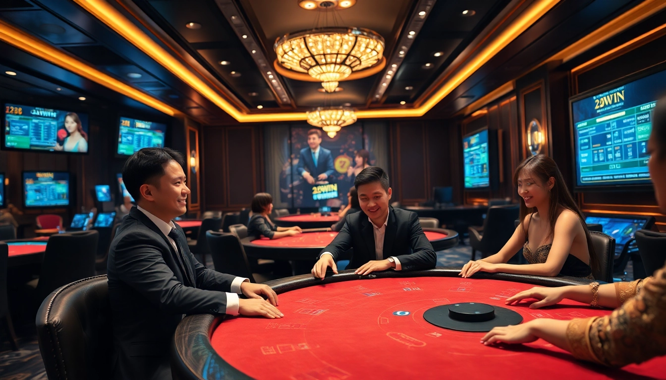 Exciting casino atmosphere at 23win with players enjoying high-end gaming experiences.