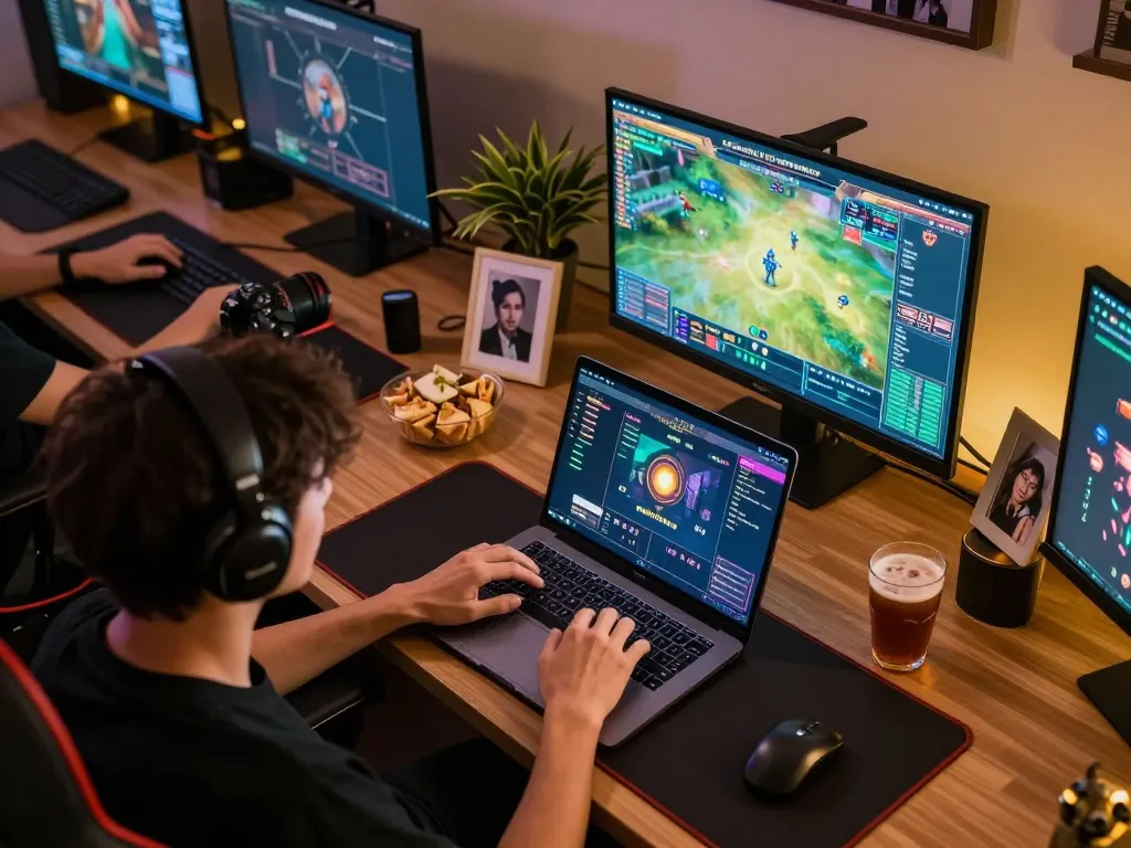 Engaging with kèo nhà cái hôm nay at a cozy online gaming setup, with vibrant screens and snacks.