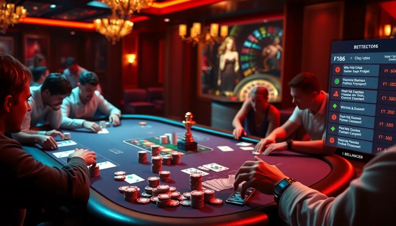 Players engaging in high-stakes poker with f168 betting options in a luxurious casino setting.