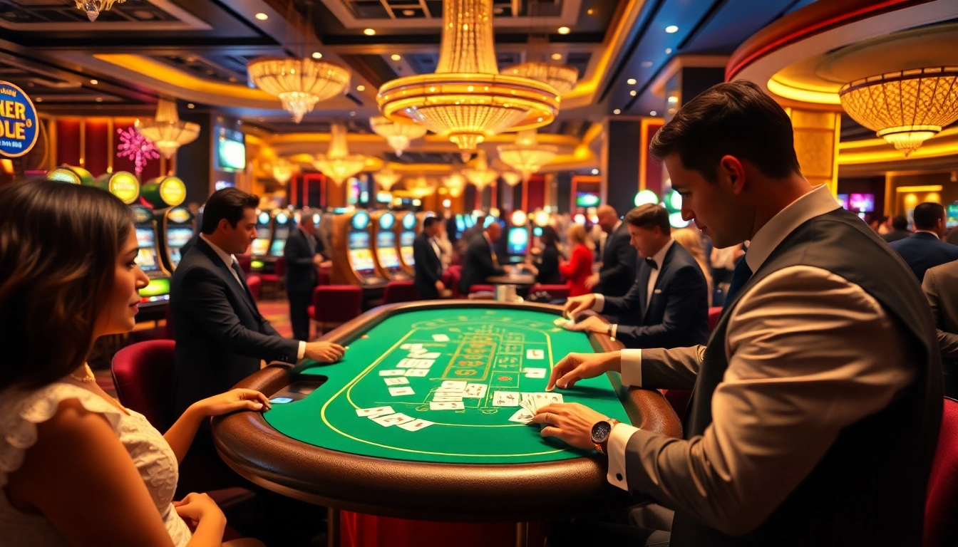 Exciting baccarat scene with elegant players and a professional dealer in a luxury casino setting.