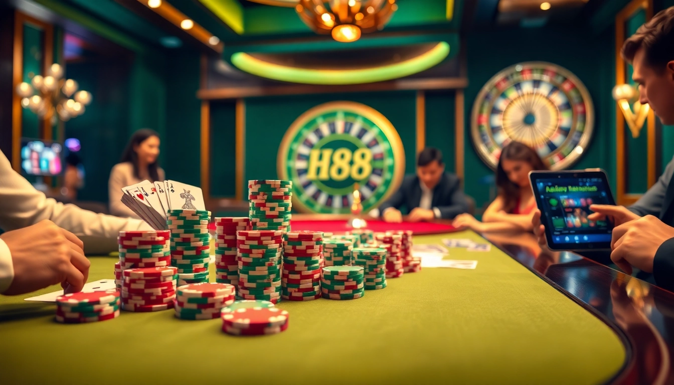 Experience high-stakes gaming at Hi88 with vibrant casino visuals of card tables and winning moments.