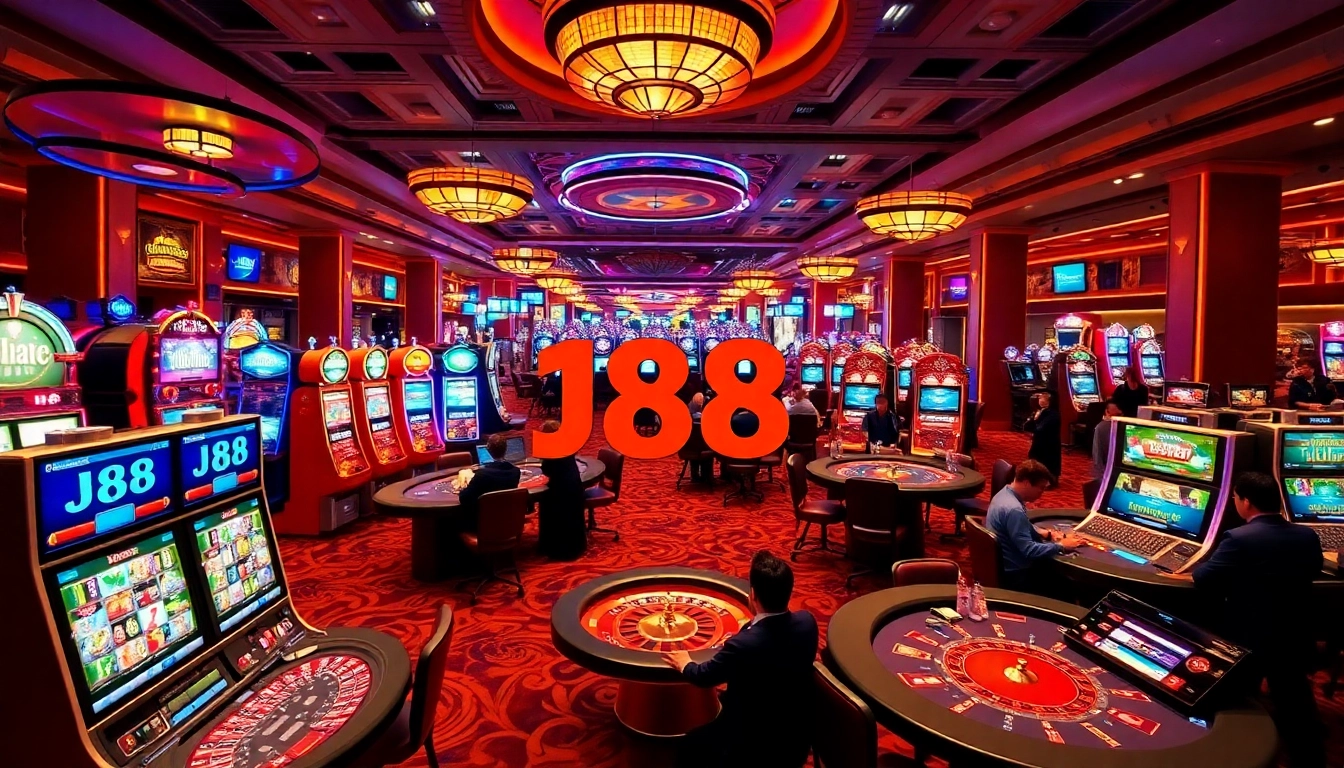 Exciting gameplay at J88 featuring vibrant casino elements and thrilled players.