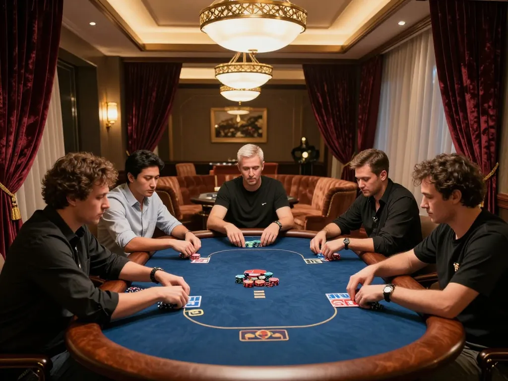 Players strategizing in an elegant poker room at 777vip, showcasing high-stakes gameplay.