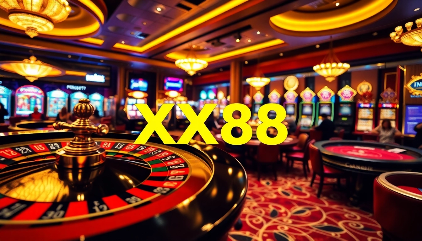 Experience the thrill at XX88 with luxury poker tables and vibrant slot machines.