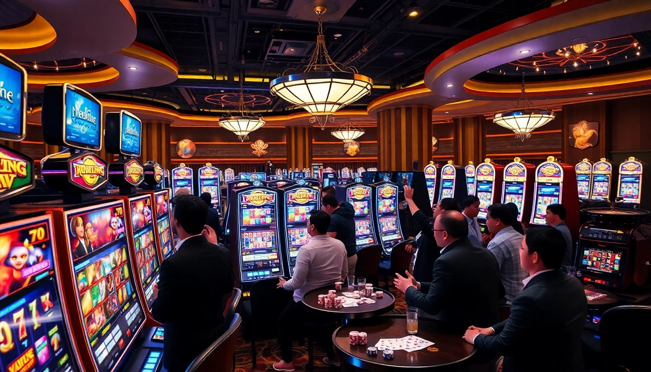 Pemain yang terlibat merayakan kemenangan di mesin slot mewah di kasino berisiko tinggi.