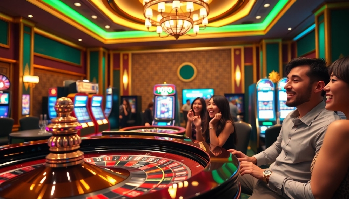 Engaged players watch the live draw of Toto Macau with excitement and anticipation in a luxurious casino setting.