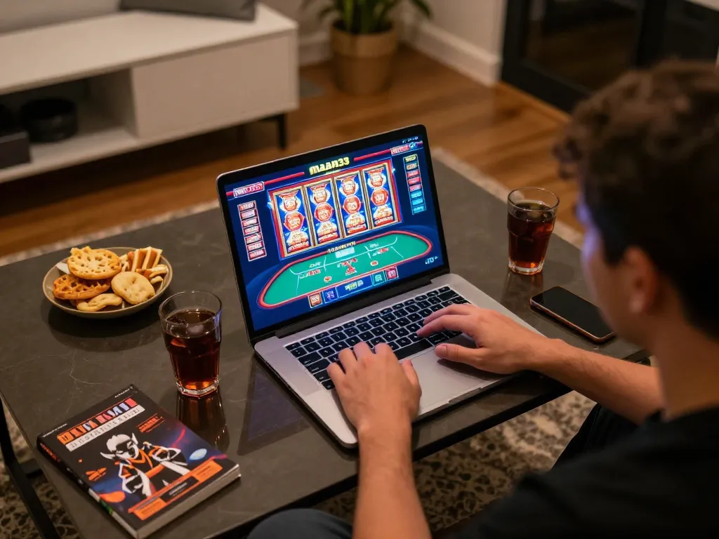 Engaged player using macan33 online casino platform, showcasing vibrant slot graphics and a stylish home setup