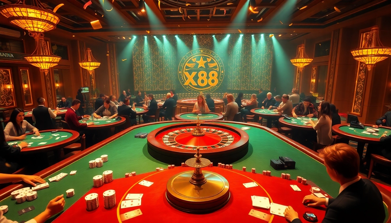 Experience excitement at XX88 casino tables filled with players enjoying card games and roulette.