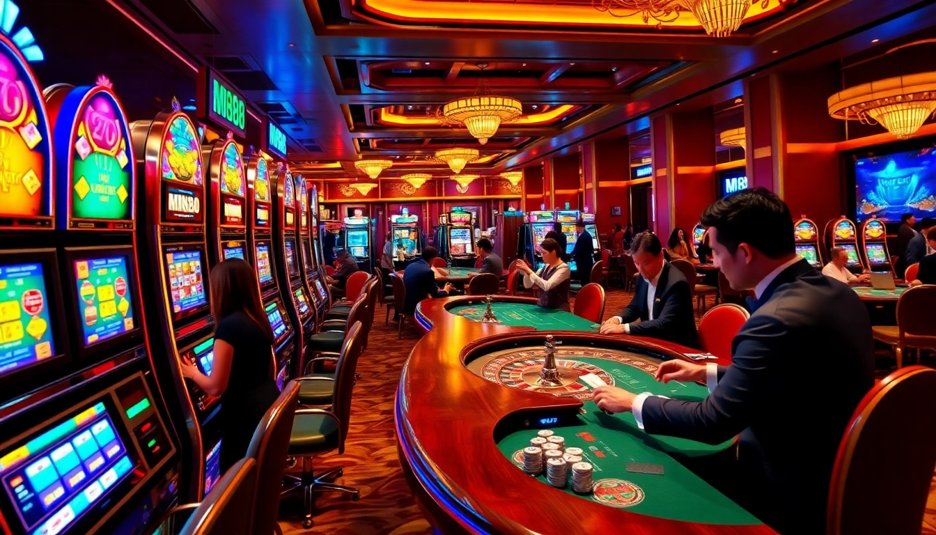Exciting casino atmosphere featuring MN88 branded gaming tables and slot machines, capturing an immersive gambling experience.