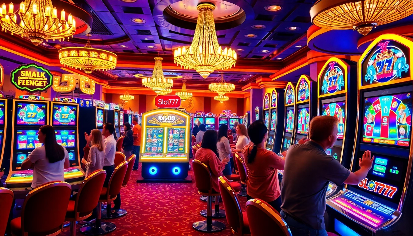 Excited players engage with slot machines in a vibrant casino atmosphere featuring the slot777 logo.