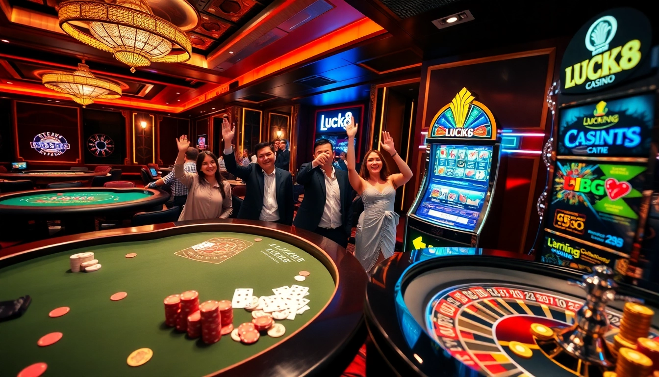 Experience the excitement of LUCK8 Casino with glamorous gaming setups and vibrant players.