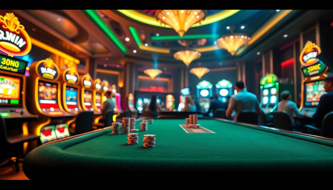 Players enjoying high-stakes gambling at the 98win casino table with vibrant slot machines in the background.