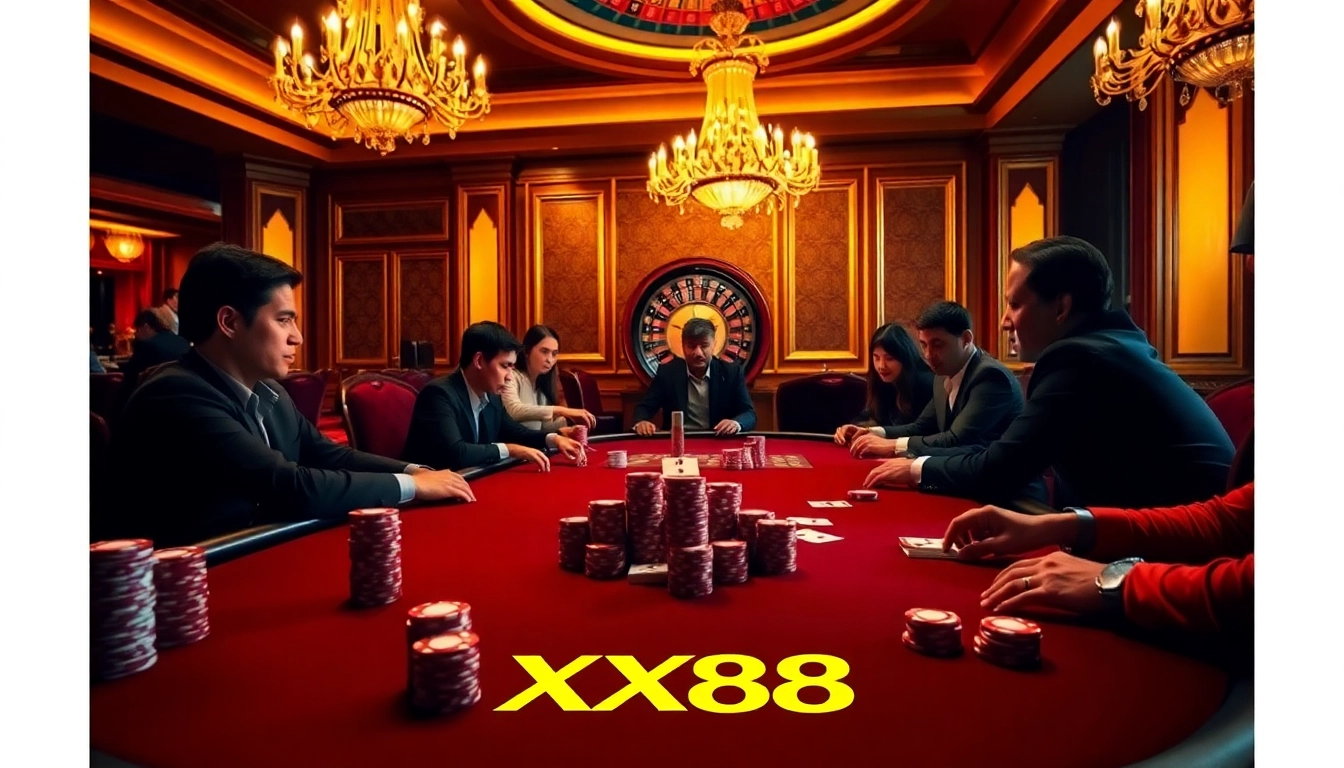 Experience the thrill of gambling at XX88 with an elegant casino table featuring poker chips and cards.