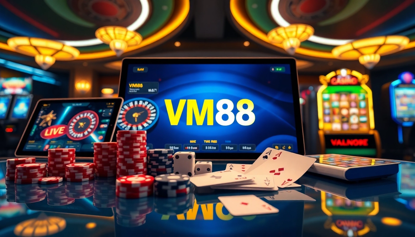 Engaging VM88 online casino interface featuring vibrant poker chips and dynamic roulette wheel action