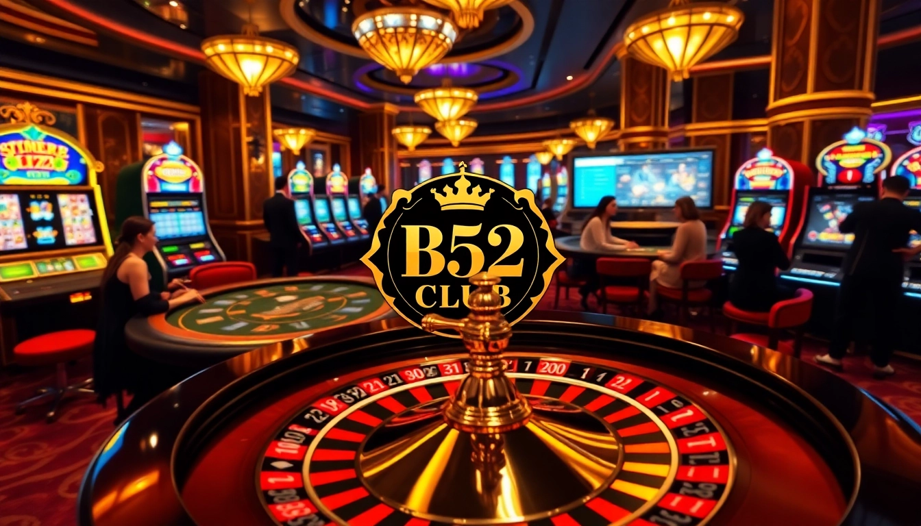 B52 CLUB gaming scene featuring enthusiastic players at a blackjack table with colorful slot machines.