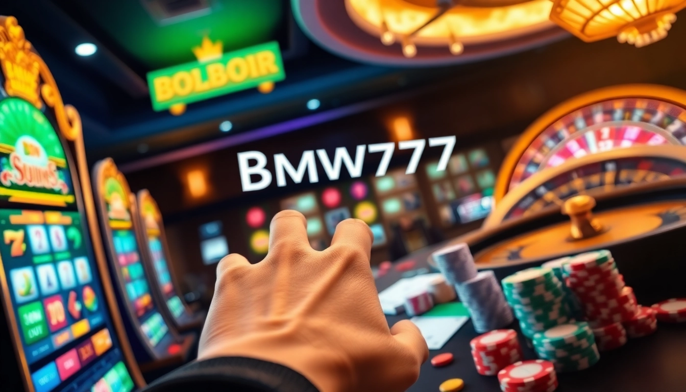 Bmw777 Daftar: Engaging gambler interacting with vibrant online slot games in a luxurious setting.