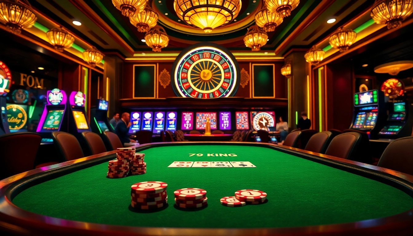 The excitement of high-stakes poker at 79king casino featuring poker chips and illuminated slot machines.