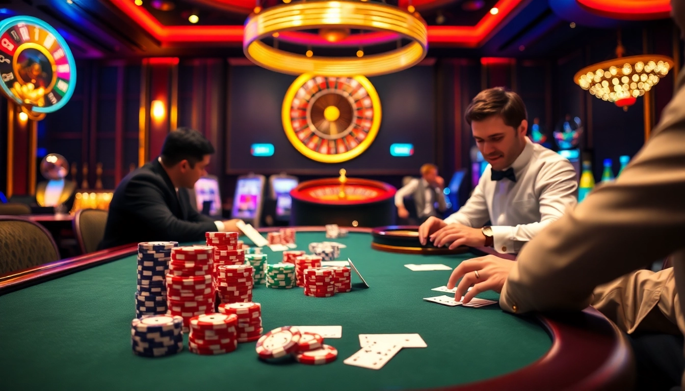 Engaging poker scene with players at 28 BET casino, surrounded by chips and a roulette wheel.