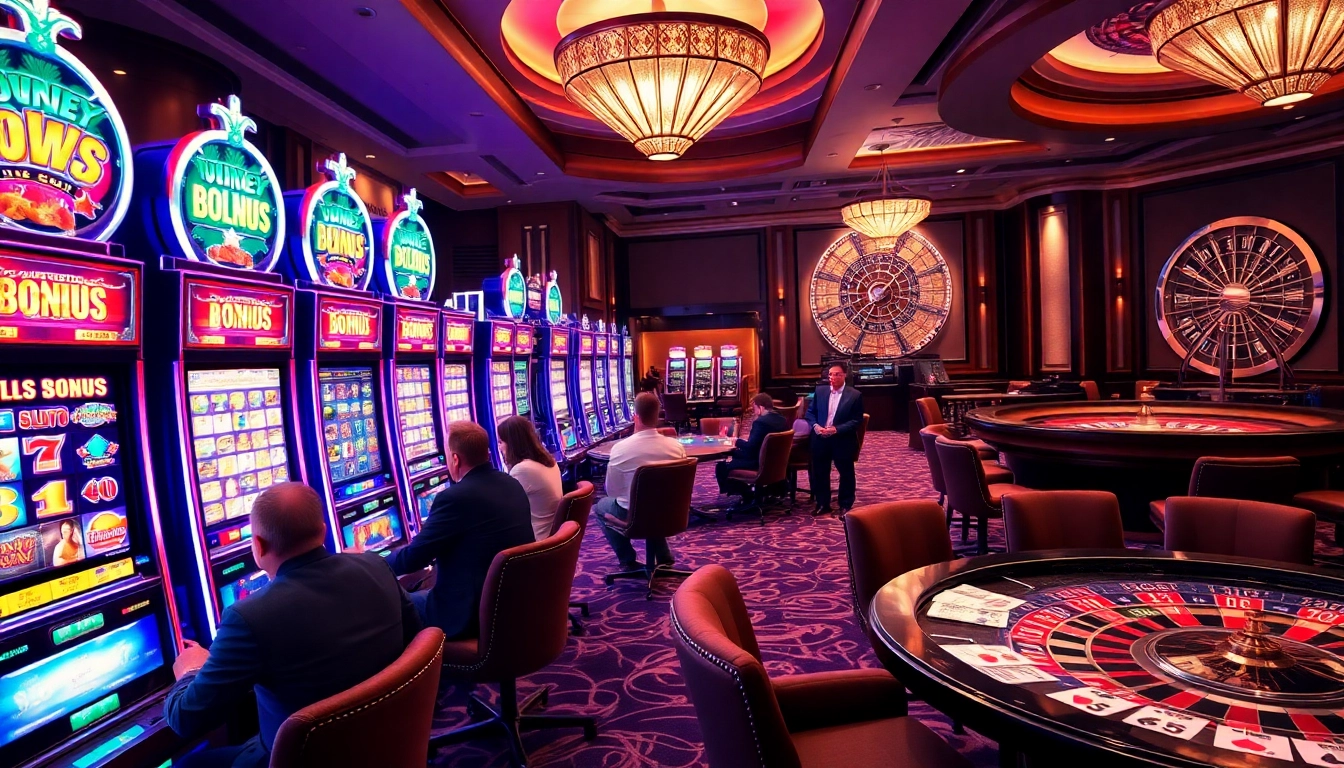 Gamblers enjoying slot bonuses at vibrant casino machines in an upscale setting.