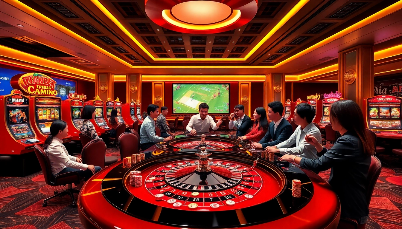 Dewabet Asia players enjoying a luxurious gaming experience with shiny slot machines and exciting table games.