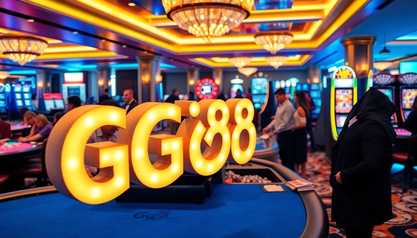 Engaged players enjoying a thrilling game at GG88 media casino, surrounded by vibrant gambling elements.