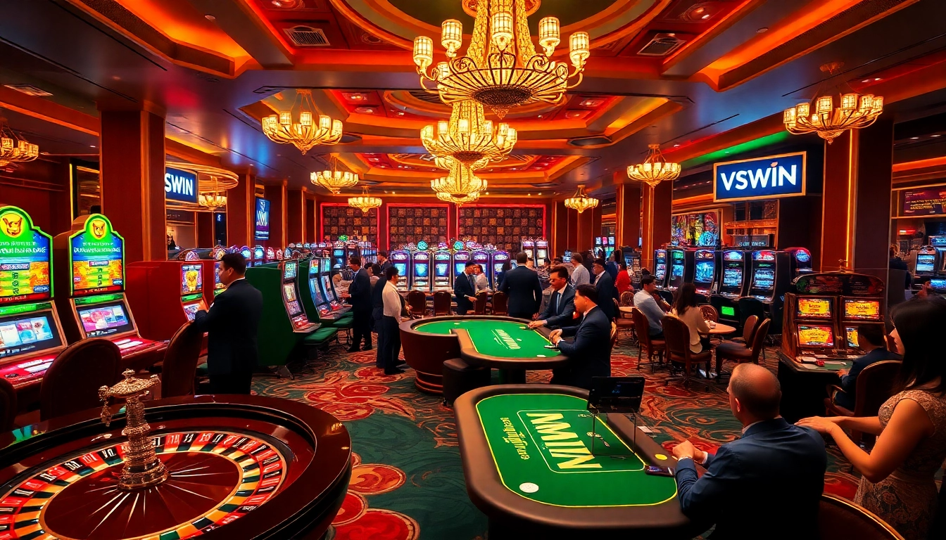 Experience the thrill of VSWIN with lively casino tables and vibrant slot machines.