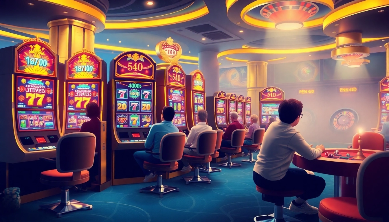 PEN4D players enjoying winning spins at a luxurious casino slot area full of excitement.