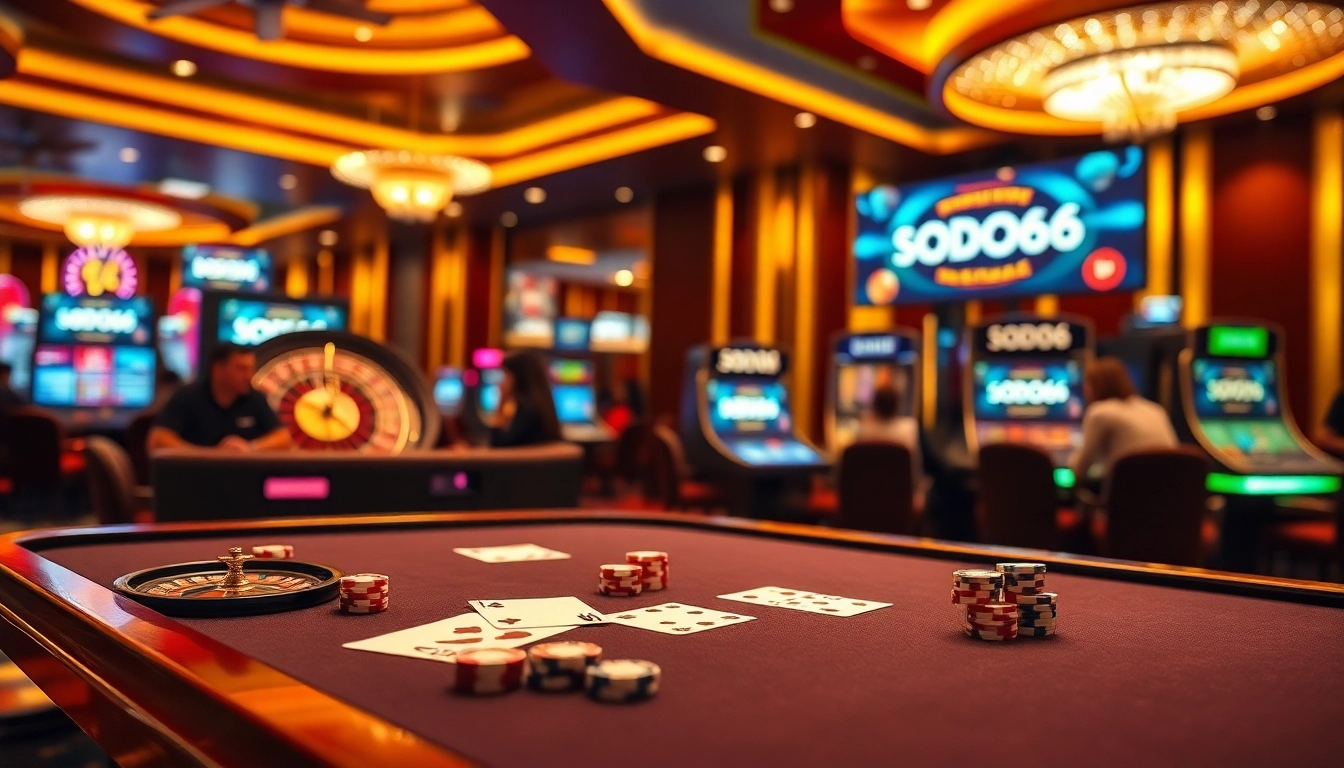 SODO66 casino gaming table with cards and chips, showcasing an exciting gambling atmosphere.