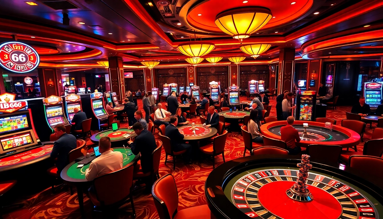 Engaged gamblers enjoying casino games at MB66, showcasing excitement and luxury in a vibrant setting.