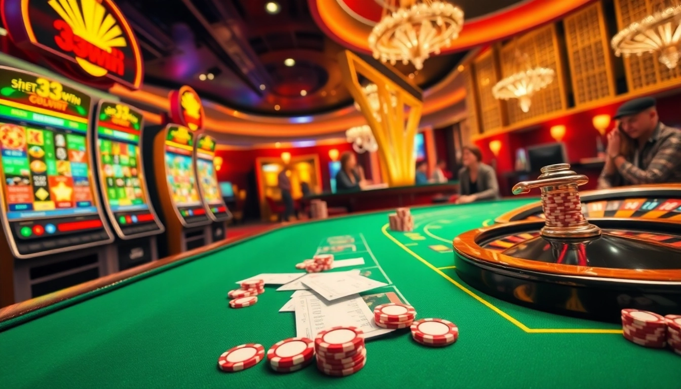 33win online casino experience with vibrant slot machines and roulette wheel.