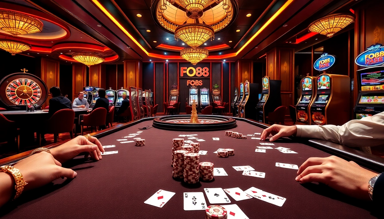 High-stakes poker game at FO88 featuring chips and cards in an elegant casino setting.