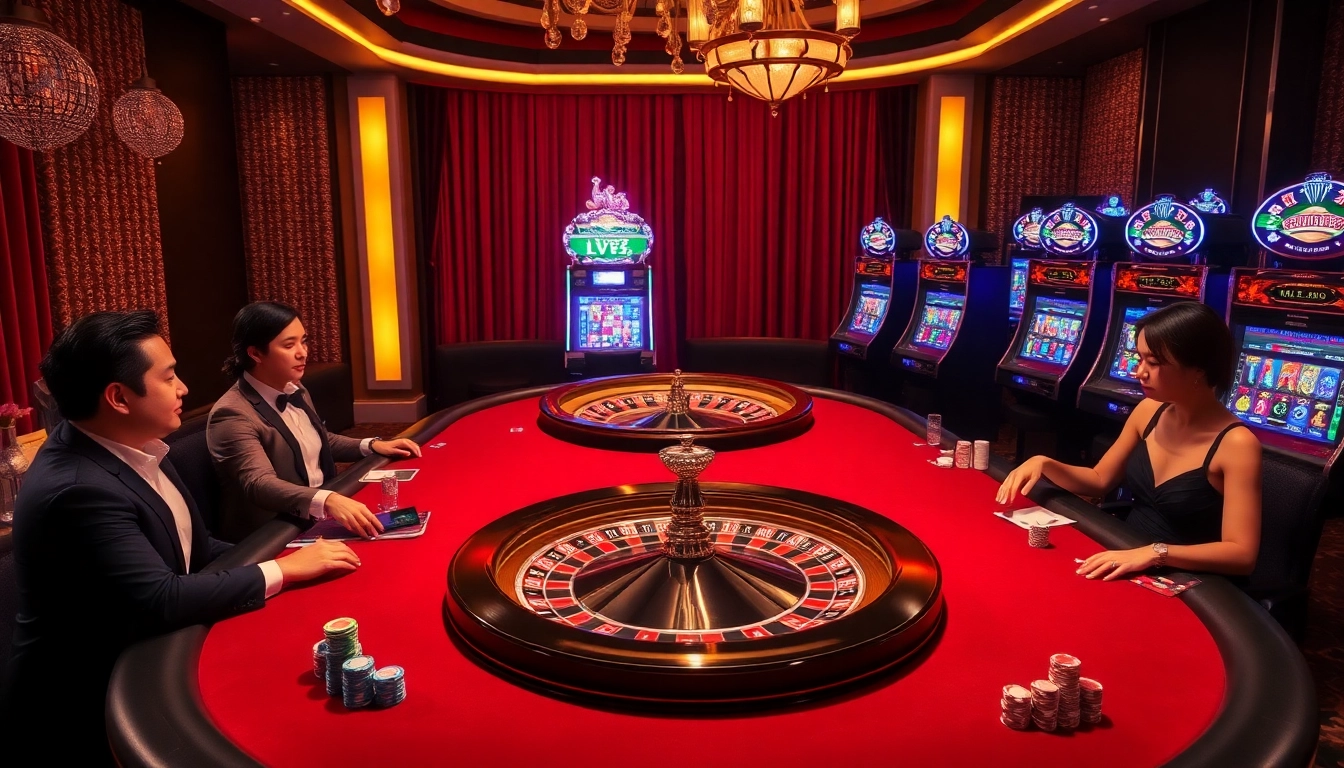 Experience exhilarating gameplay at LV88 with vibrant poker tables and spinning roulette wheels.