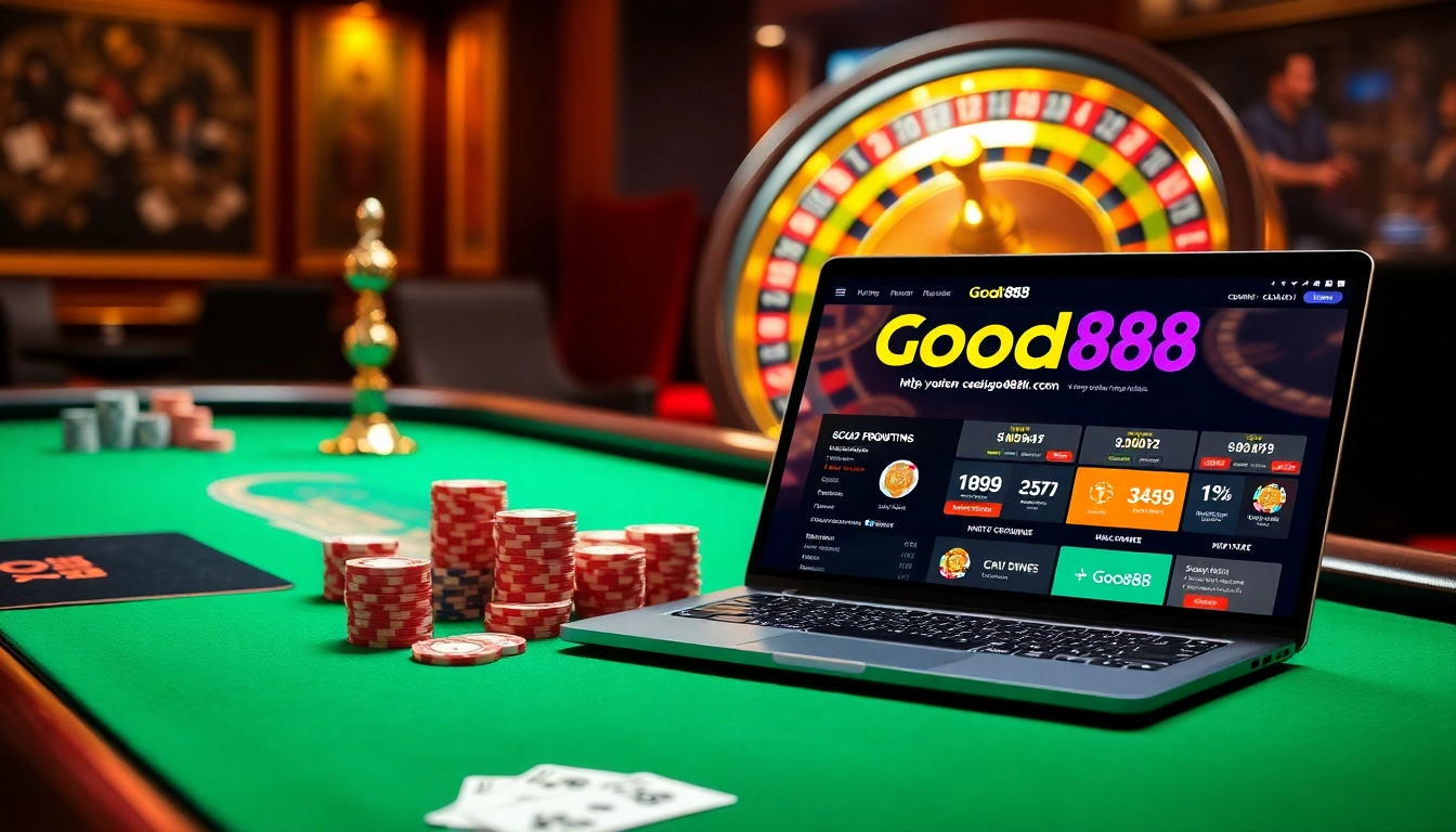 Engage with the dazzling atmosphere of online gambling at https://good88k.co/ with vibrant poker chips and an exciting roulette wheel.
